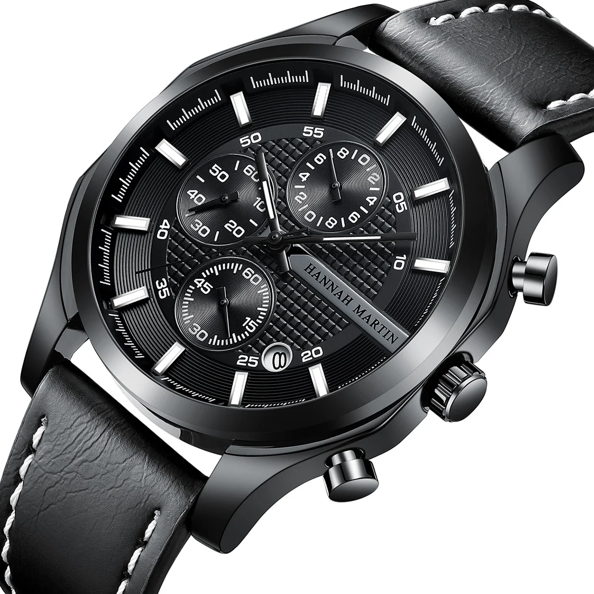 2025 New Men Sports Watch Black Military Leather 44mm Timing Multifunctional Casual Business Style Quartz Movement Wristwatches
