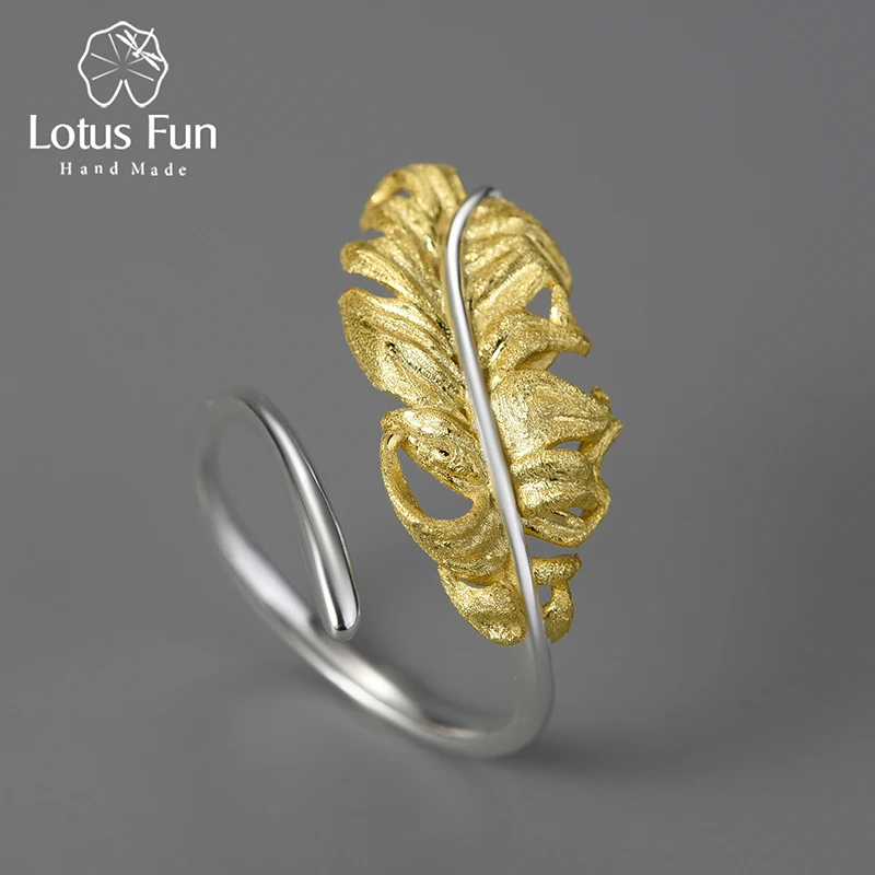 Lotus Fun 18K Gold Adjustable Luxury Vintage Long Goose Feather Rings for Women Real 925 Sterling Silver Dating Fine Jewelry