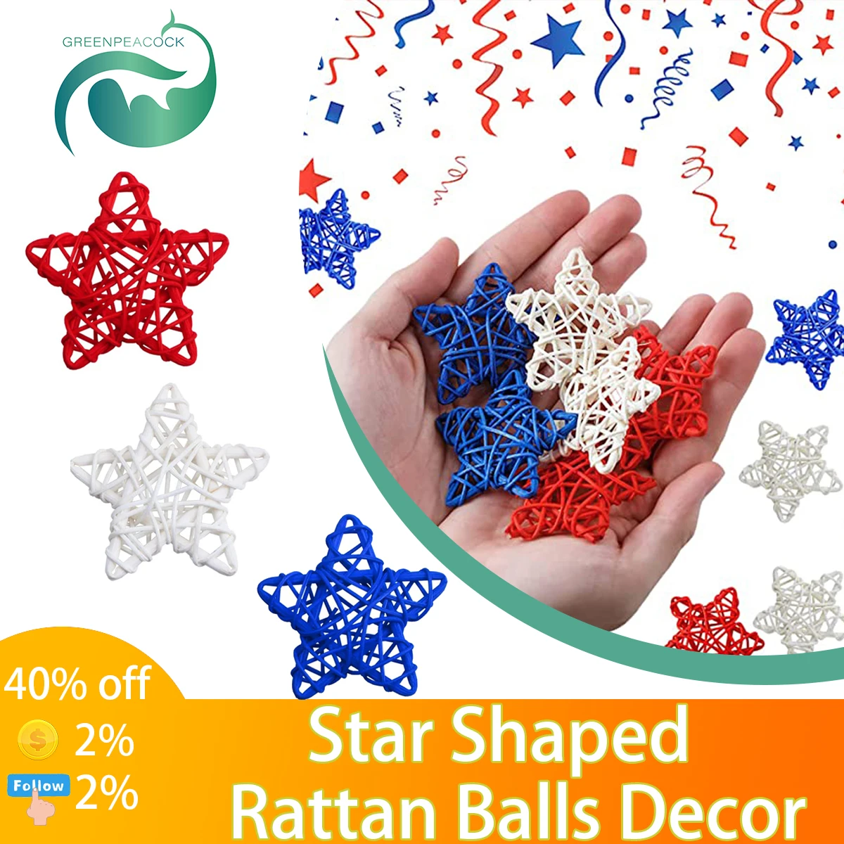 5/10Pcs 4th of July Star Shaped Rattan Balls Decoration Red Blue White Star Wicker Ball for 2023 Independence Day Home DIY Decor