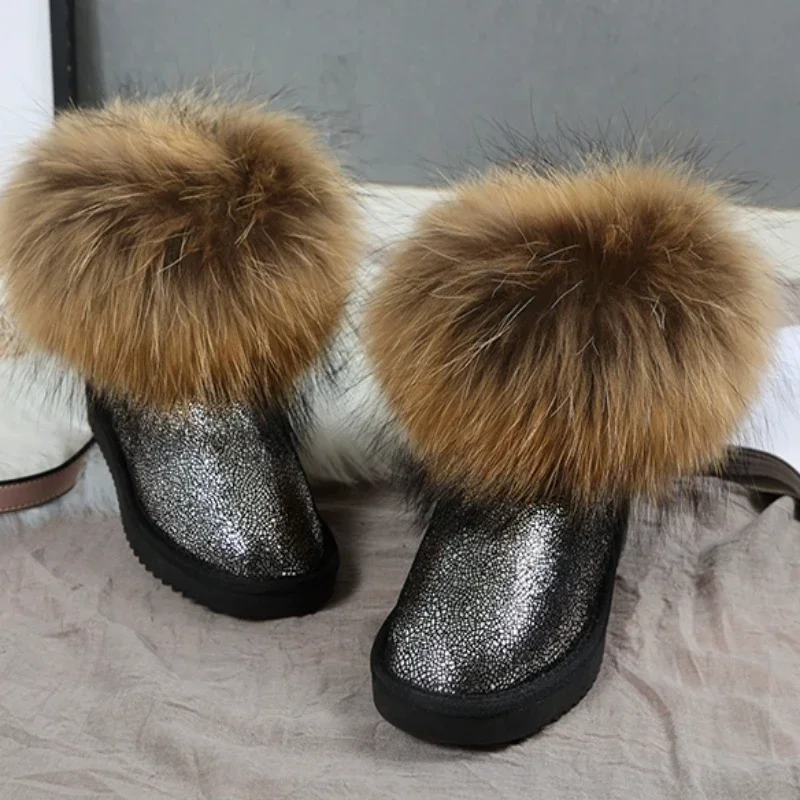 fox fur snow boots women\'s short boots winter genuine cowhide non-slip cotton shoes