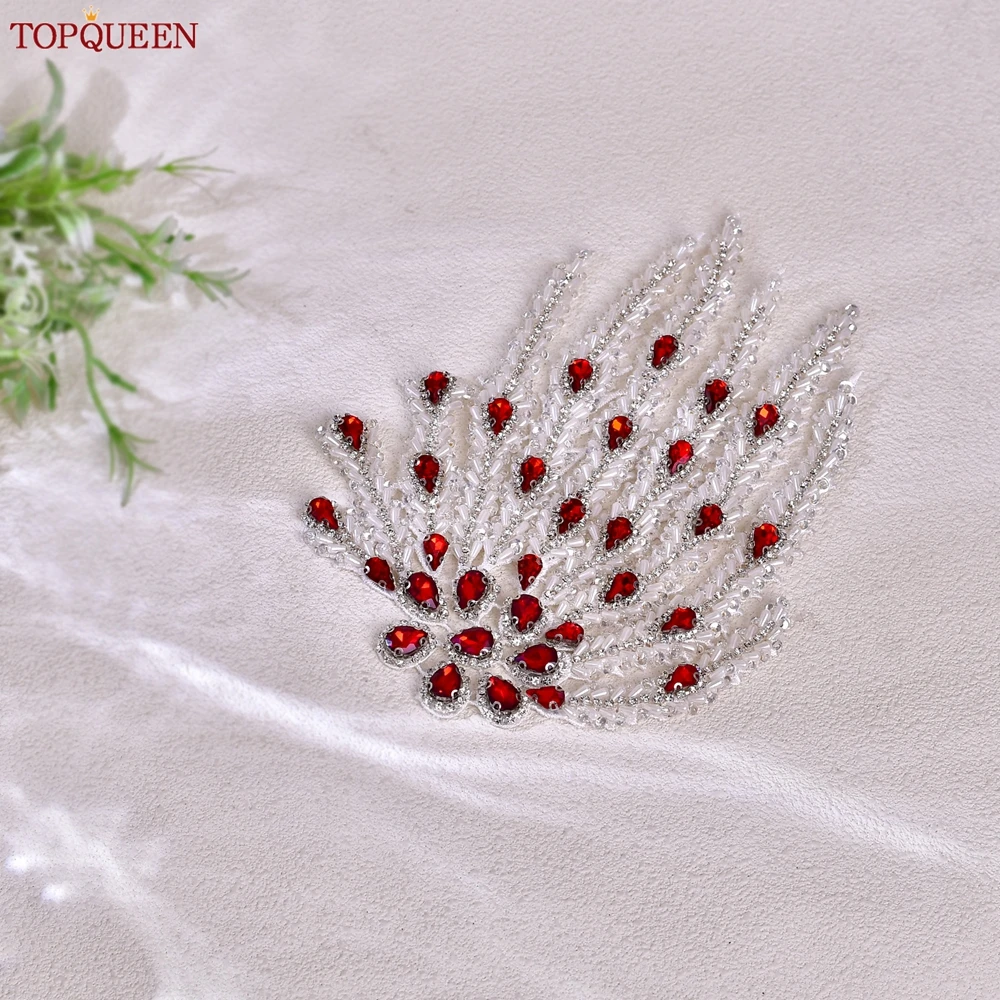 TOPQUEEN 손으로 꿰매는 파란색 술 아플리케, 빨간색 라인 석 정장 어깨 장식 패치, 철 또는 의상 드레스 SP66에 바느질
