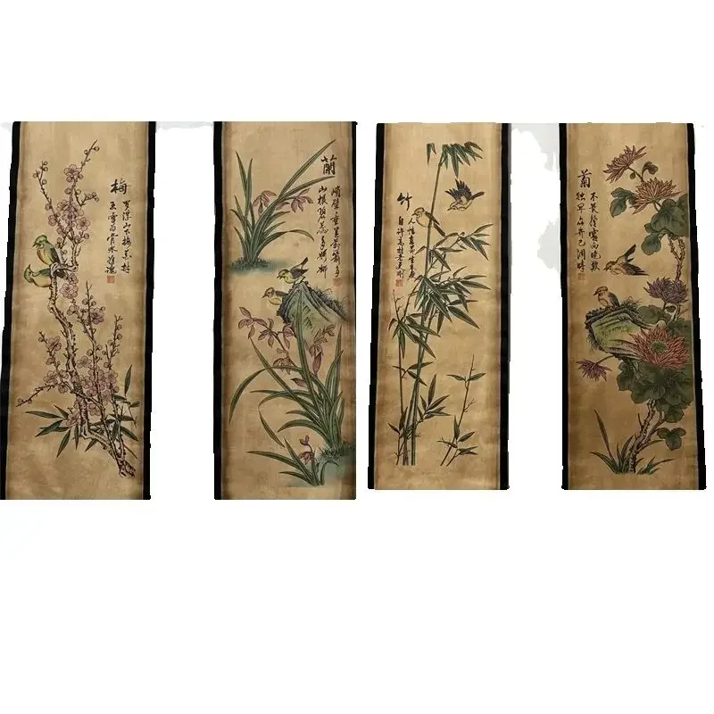 

China Old Paper Calligraphy Paintings Scrolls,Poems Painting, Mei Lan Bamboo Chrysanthemum Four Map Art Decorations