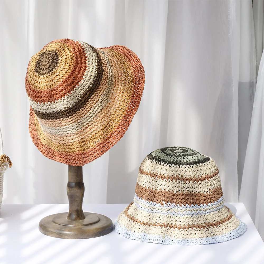 2024 New Korean Style Multicolor Foldable Sun Crochet Hat For Beach, Travel And Vacation handmade straw hat