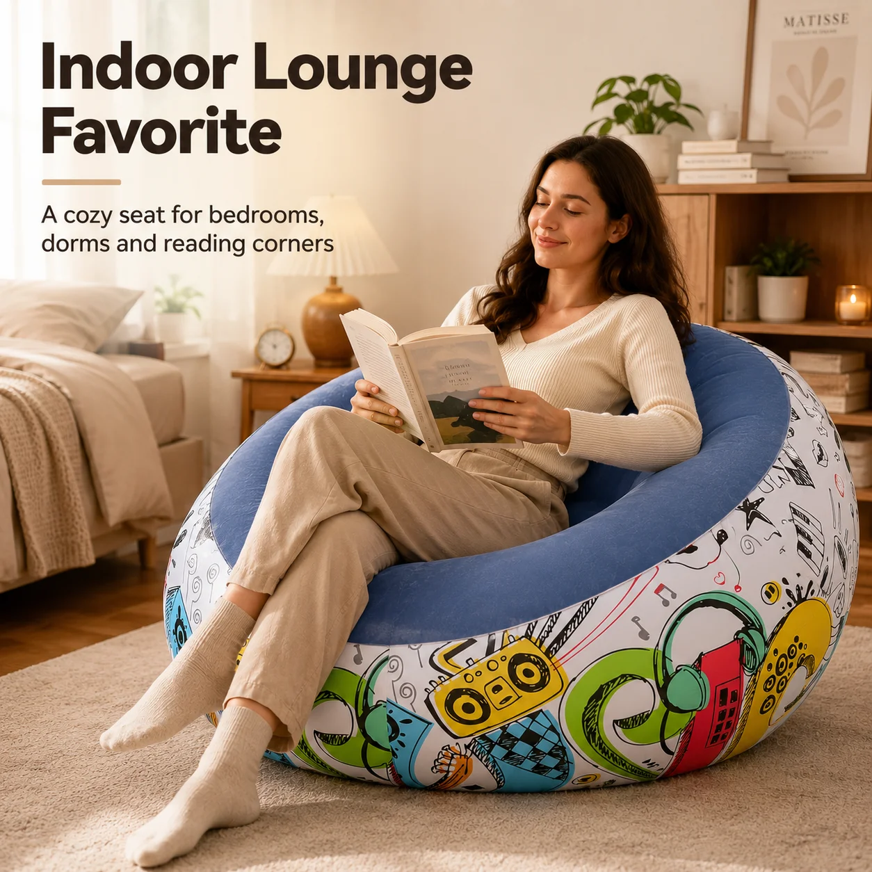 1PC Inflatable Bean Bag Sofa for Adults, Soft Flocked Inflatable Lounge Chair, Graffiti Print Foldable Portable Single Seat