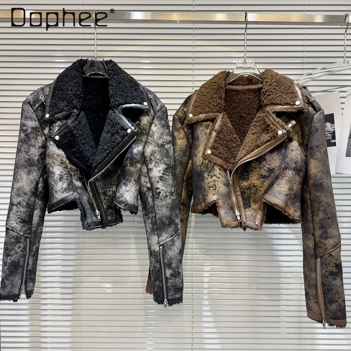 High Street Tie Dye Leather Short Jacket Lamb Wool Liner Long Sleeve Lapel Irregular Hem Cropped Coats 2024 Winter Fashion