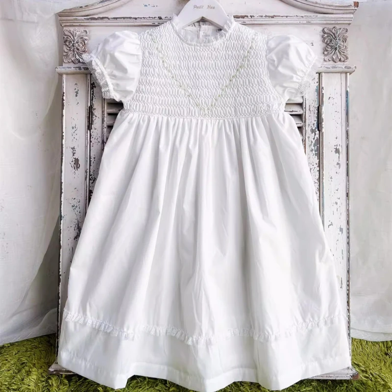 Handmade Boutique Vintage Beige Handmade Girl Cute Short-sleeved Dress Flower Girls Birthday Wedding Party Dress