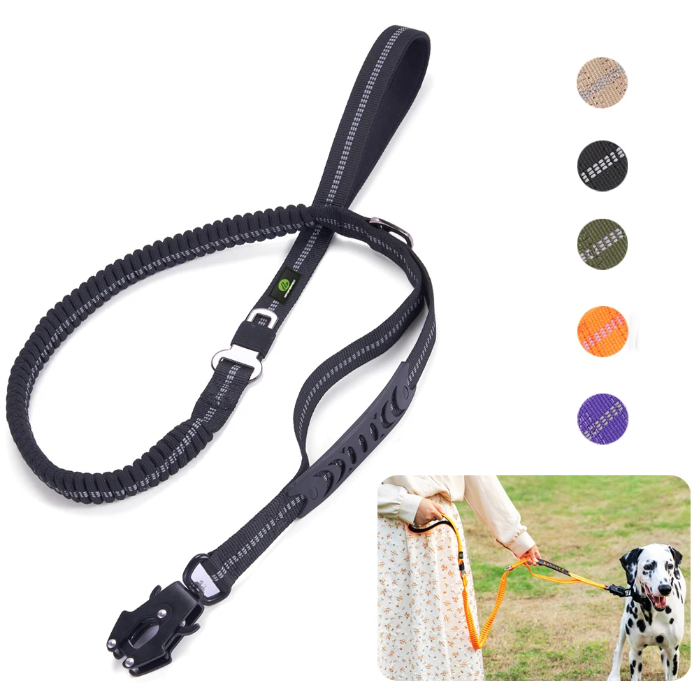 

Elastic Bungee Dog Leash Tactical Reflective Heavy Duty Leashes Two Handle Quick Release Car Seatbelt Clip for Medium Large Dogs