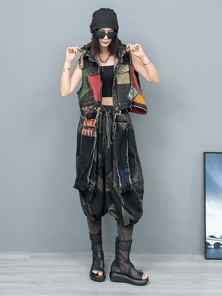 2024 Summer New Personality Matching Set Color Matching Lapel Denim Vest + Lantern Pants Two-piece Set Women LX729