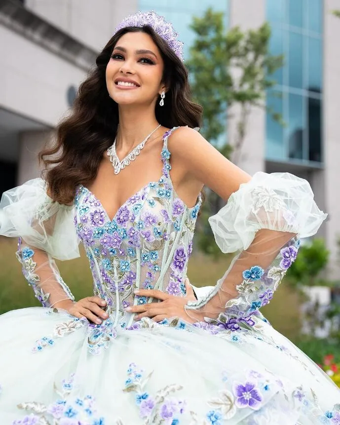 Pastel Paradise Pprincess Quinceanera Dresses with Remove Long Sleeve 3D Floral Embroidery vestidos debutantes 15 anos