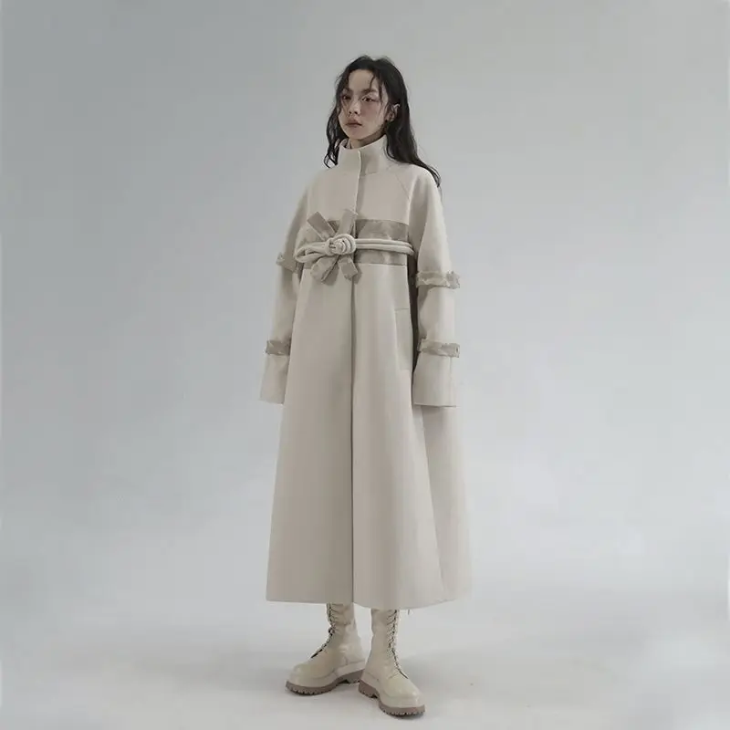 

Woolen Extra Long Coat Women Korean Loose Turn Down Collar Windbreaker Fashion Long Female Clothes Overcoat Autumn Winter