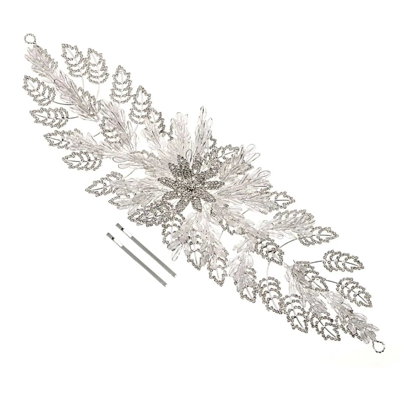 Crystal Wedding Hair Band for Women Bridal Headpiece with Pins Sparkling Silver Leaf Flower Hair Jewelry