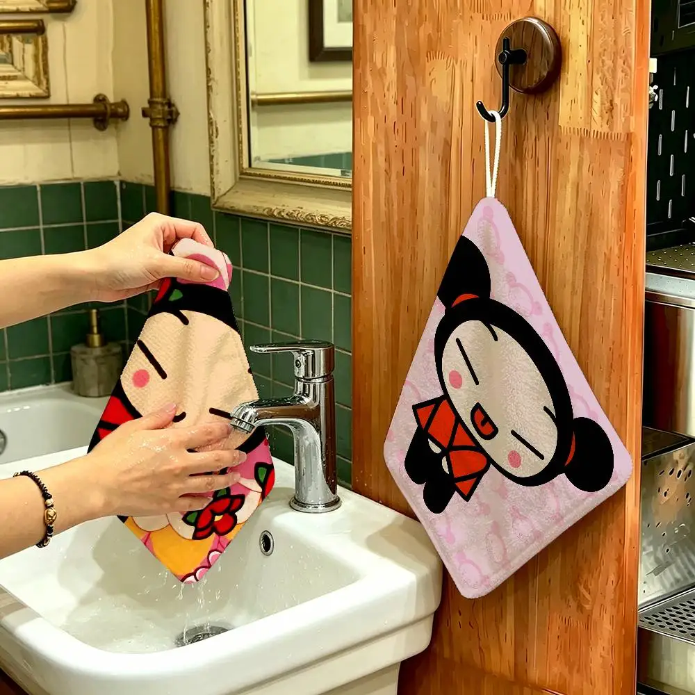 Kawaii P-Pucca Anime Hanging Kitchen Towel, Polyester Cotton Material, Wear Resistant Hand Wiping Towel for Home