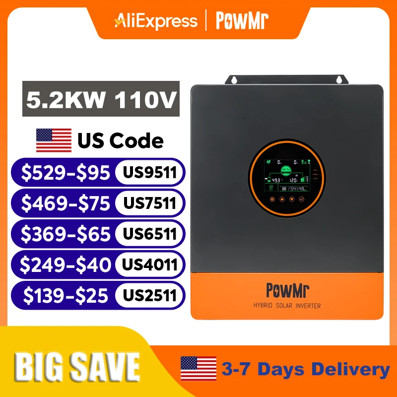 

PowMr 5,2 кВт разделенный фазовый инвертор 110 В 48 В в сети от сети Чистая синусоида Гибридный солнечный инвертор с зарядным устройством MPPT 100 А