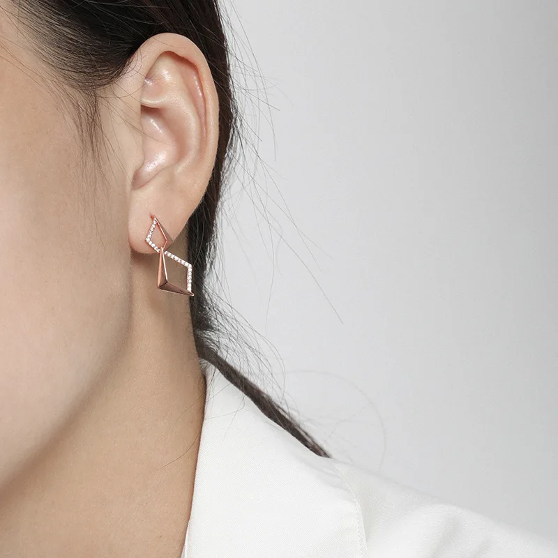 Original S925 sterling silver inlaid zircon four-sided rhombus earrings for women, light luxury banquet fashion jewelry