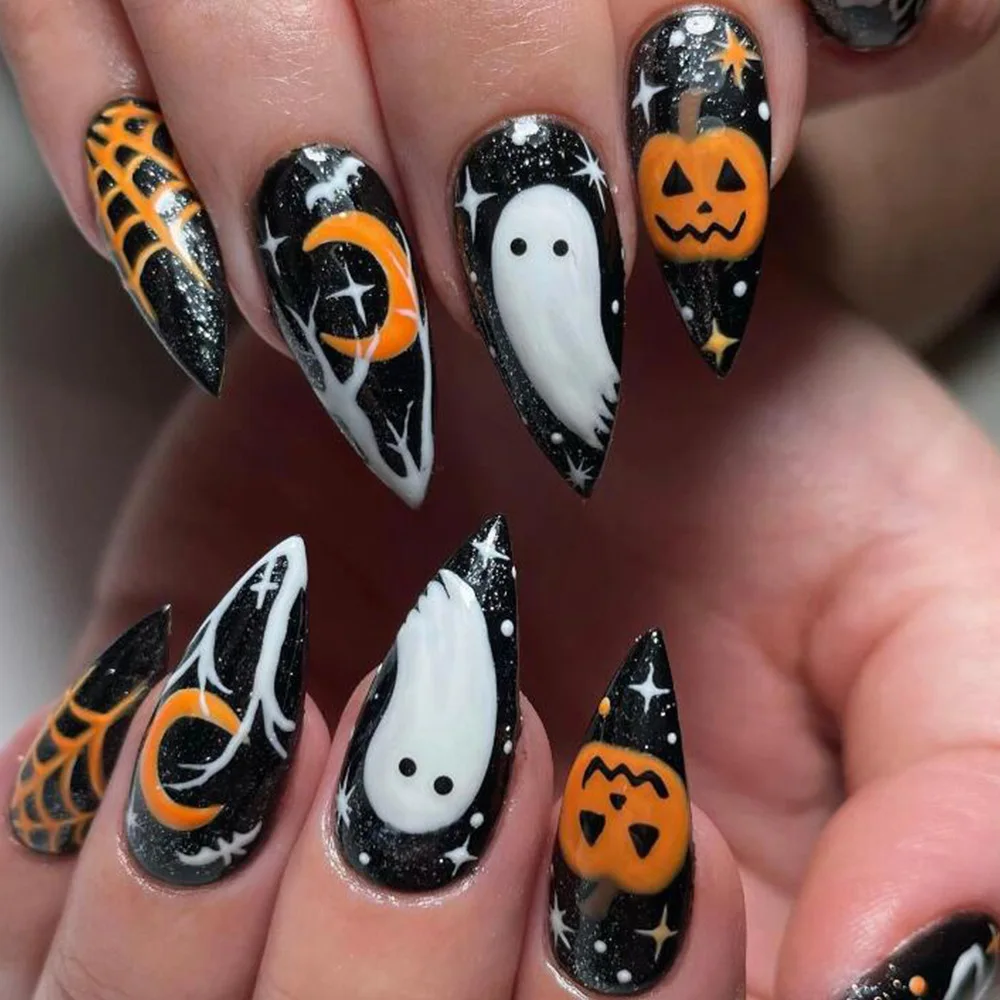 24Pcs Halloween Almond False Nails with Glue Flame Ghost Design Fake Nail Tips Long Oval Press on Nails Full Cover Manicure