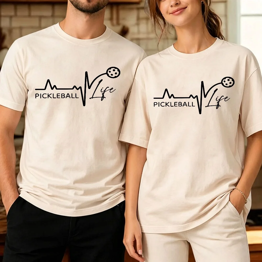 Pickleball Life Heartbeat ECG Graphic T Shirt Minimal Pulse Line with Ball Print Cotton Tee for Men Women Pickleball Player Tops