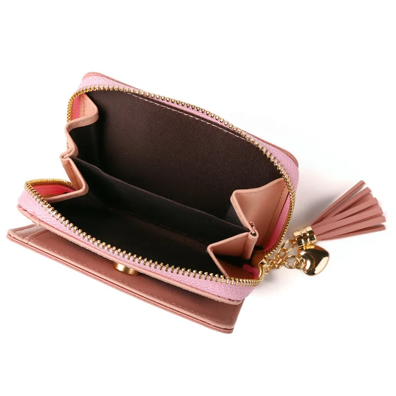 Women PU Leather Multi-card Wallet with Tassels Printing Fresh Short Card Holder Large Capacity Multifunctional Mini Handy Bag