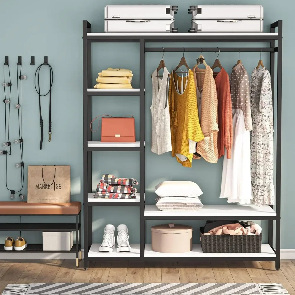 Free Standing Wood Closet Clothes Rack,Heavy Duty Grament Rack with Shelves,Hanging Racks for Clothes Clothing Rack