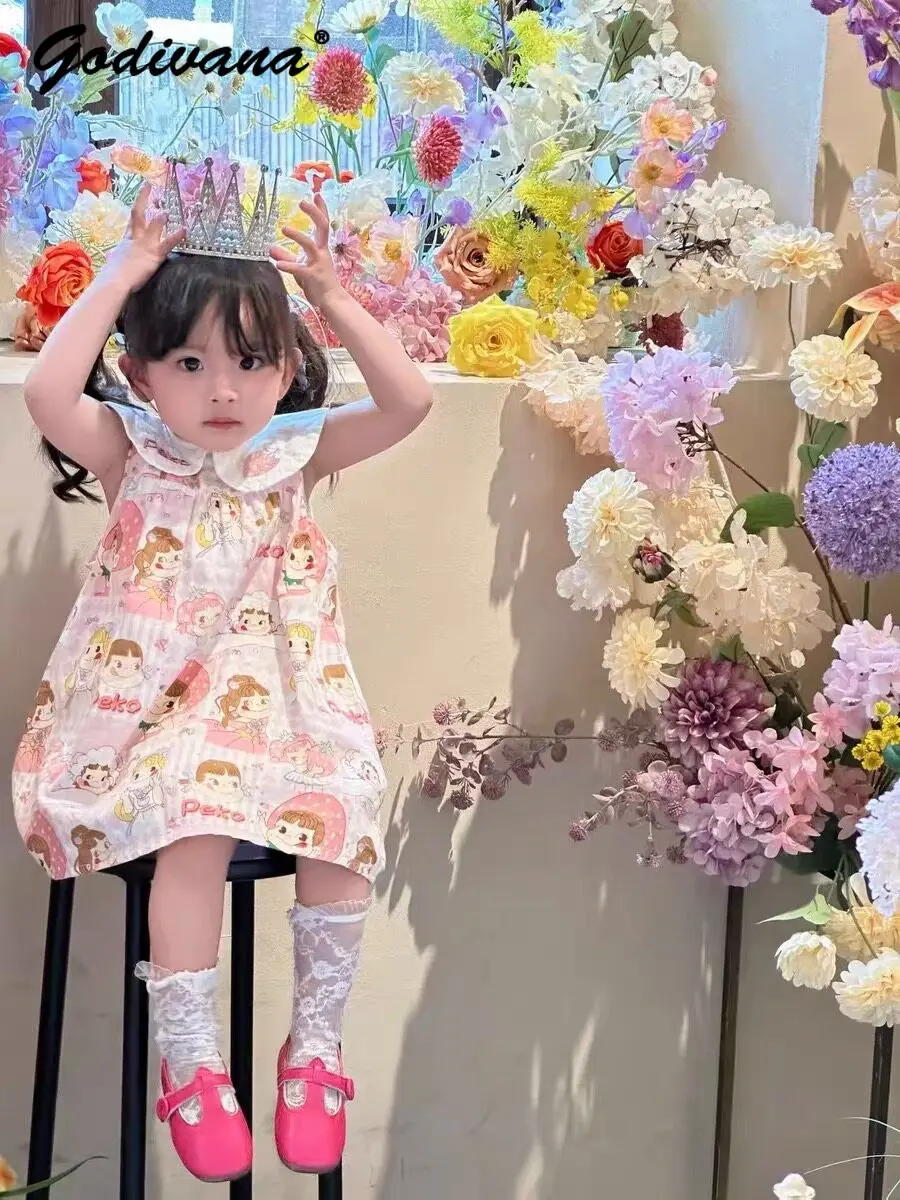 

2026 Summer New Baby Girls Cute Cartoon Fujiya Print Doll Collar Sleeveless Vest Dress Kids Pure Cotton Soft Breathable Dresses