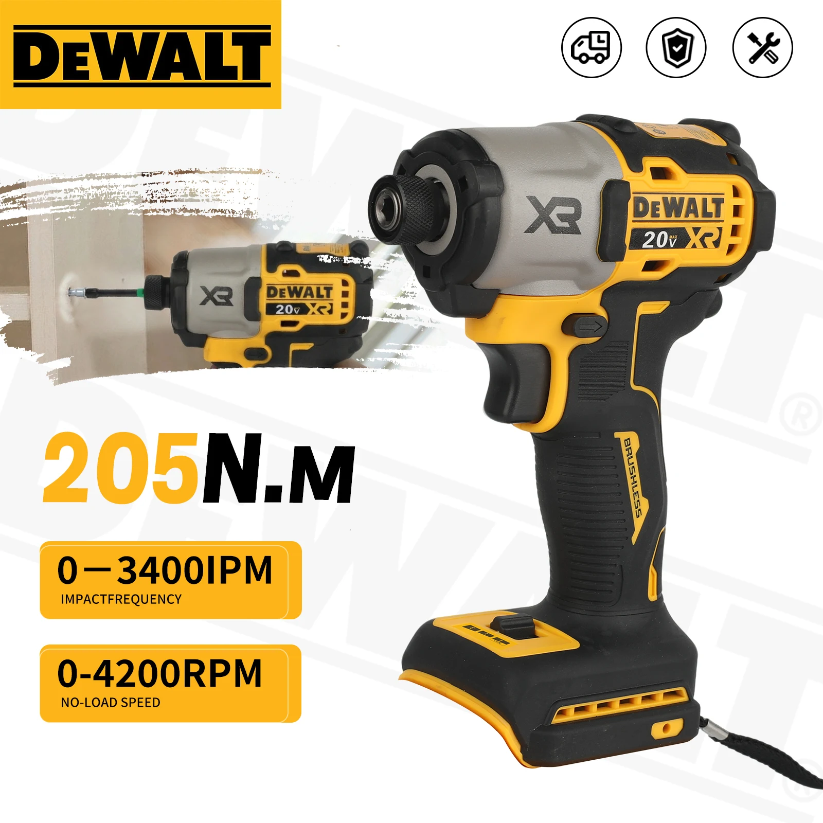

Аккумуляторный ударный гайковерт Dewalt DCF845 20V XR с бесщеточным двигателем, 205 Н·м, 0-4200 ударов в минуту, шестигранный патрон 1/4 дюйма, 3 скорости, для автомобильных и бытовых работ