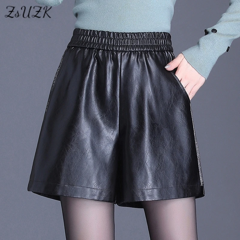 

Women Versatile Pu Leather Shorts 2024 Autumn Winter Simple Loose Elastic Waist Shorts Female Motorcycle shorts Boot Shorts