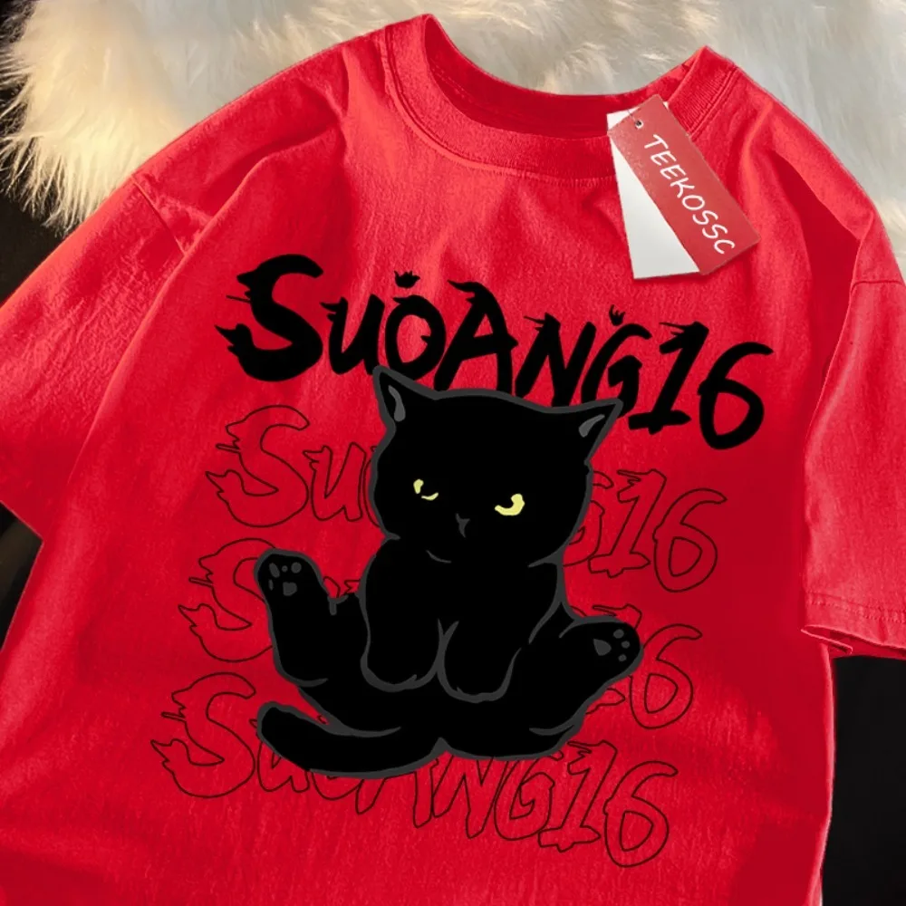 

Fun Black Cat Print Japanese Style Women T-Shirt Fashion Clothing Cotton Tops Fashion Summer Tee Clothes Oversized Tshirt