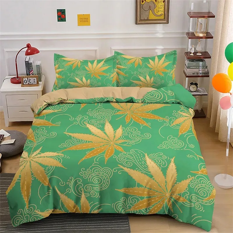 Marijuana Leaf Comforter Cover Twin Queen Cannabis Leaf Duvet Cover Bohemian Botanical Leaves Bedding Set 2/3pcs for Boys Girls