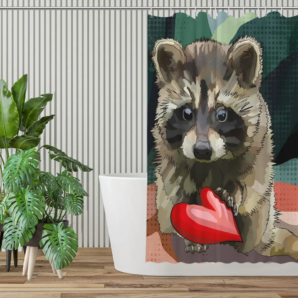 Romantic Heart Bathroom Shower Curtains Raccoon Waterproof Partition Creative Home Decor Bathroom Accessories