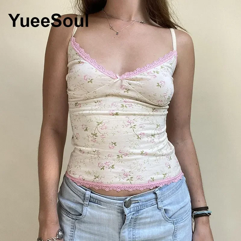 Sweet Cute Beige Crop Tops Sleeveless Sexy Corest Top 2024 Summer New Fashion 2000s Y2K Fairycore High Street Casual Tank Tops