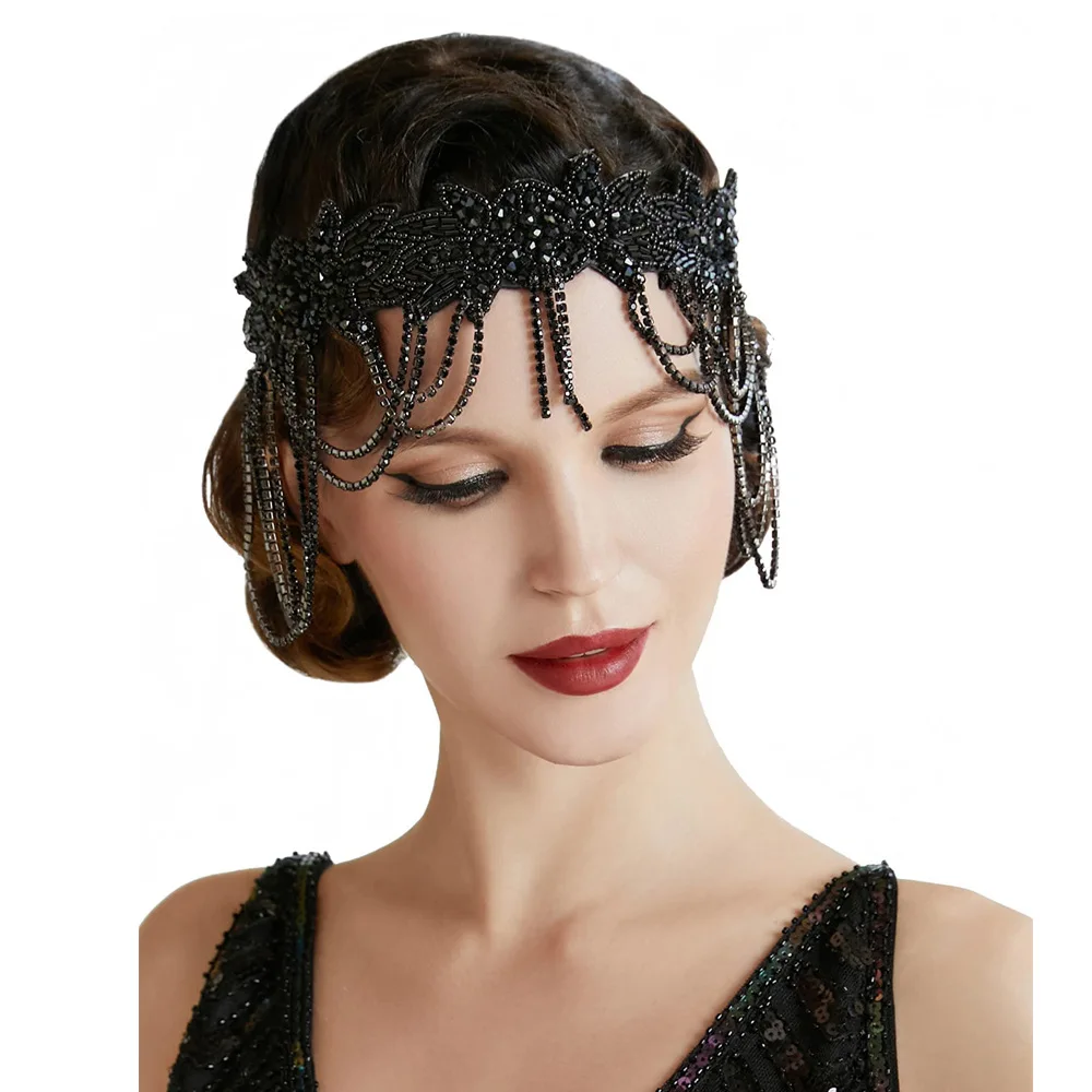 

1920s Banquet for Women Fringe Chain Headband Adorned Black Diamond-Studded Feather Ball Gown Halloween Party Headdress
