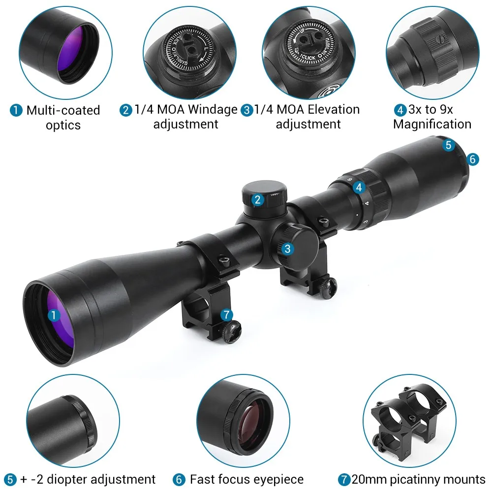 Imagem -06 - Tactical Riflescope hd Purple Lens Crosshair Optical Sight Airsoft Hunting Shooting Rifle Scope For 11 mm 20 mm Rail Mount 3-9x40