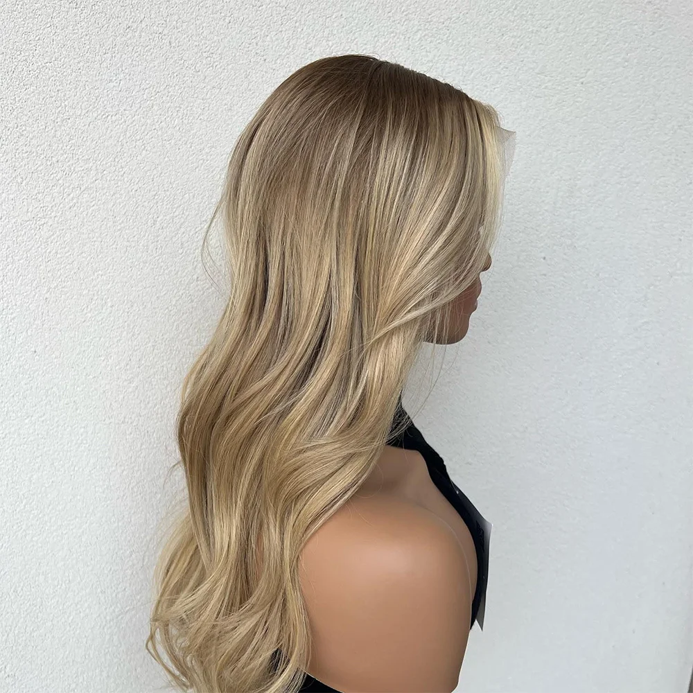 Loira dourada macia com raízes marrom claro destaca peruca 30% mistura de cabelo humano peruca dianteira do laço para senhoras festa capina wear & go