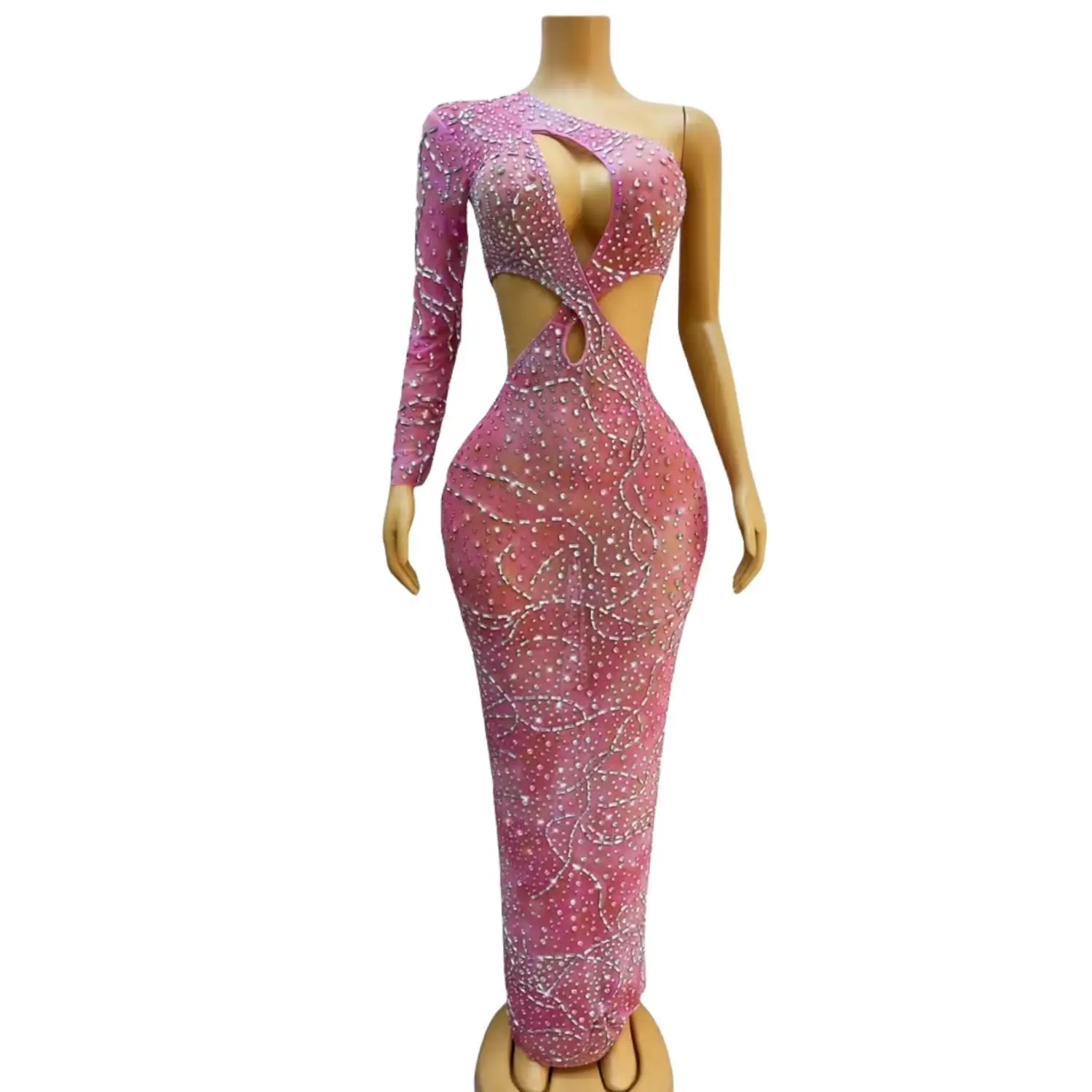 

Pink Pink Flashing Evening Birthday Celebrate Rrom Gown Rhinestones Hollow Waist Mesh Outfit Costume Sexy Fancy Dresses Sirong