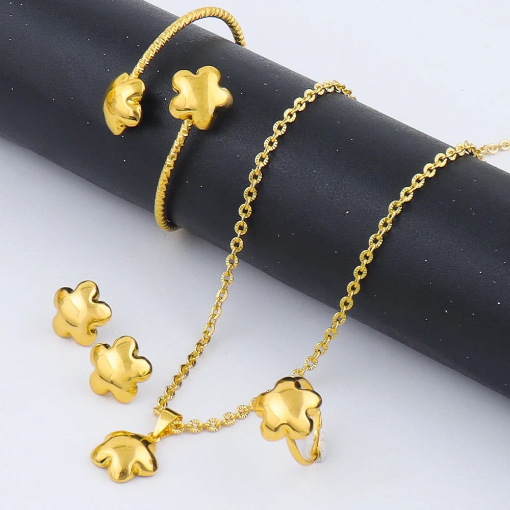 4 Stücke Vergoldete Blume Halskette Ohrringe Armband Ring Schmuck-Set Für Frau Amerika Fashion Party Edelstahl Schmuck Geschenk – Detail 3