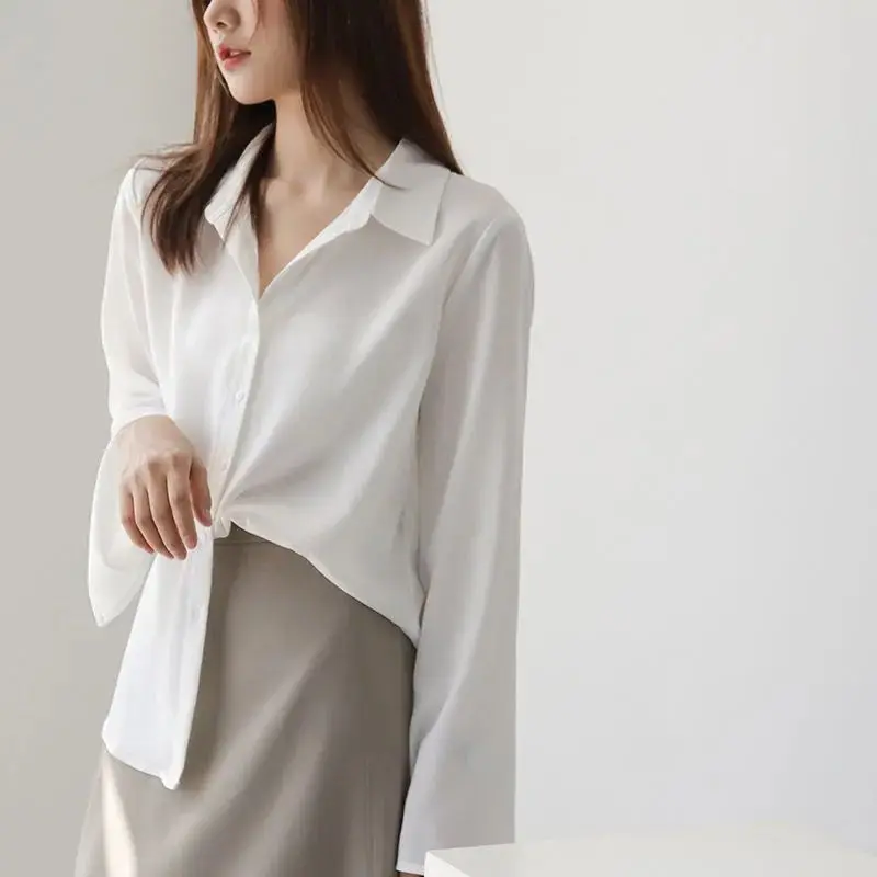 Coreano estilo simples botão branco até camisa para as mulheres 2023 primavera verão moda manga longa solta blusa de rua topo feminino