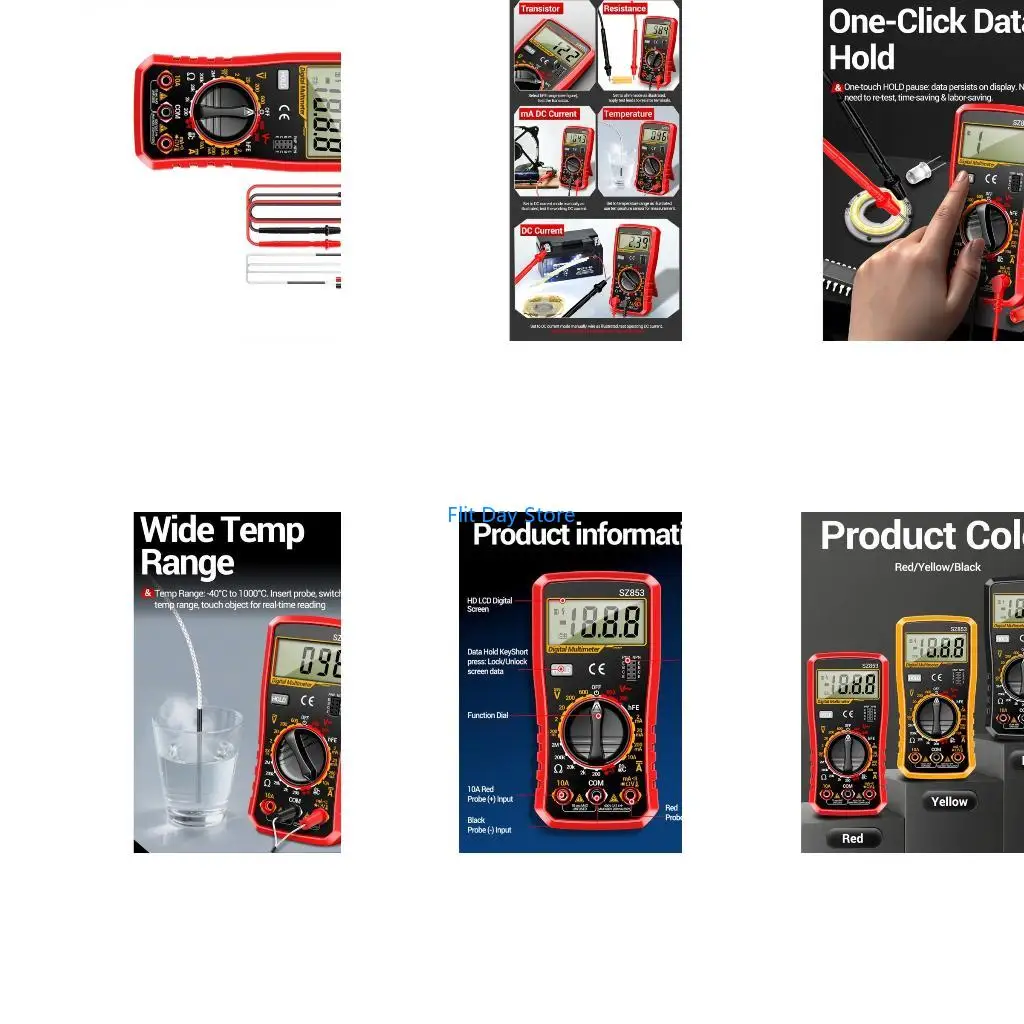 F92C Handheld Digital Multimeter With HFE Transistor Testing And Temperature Probes