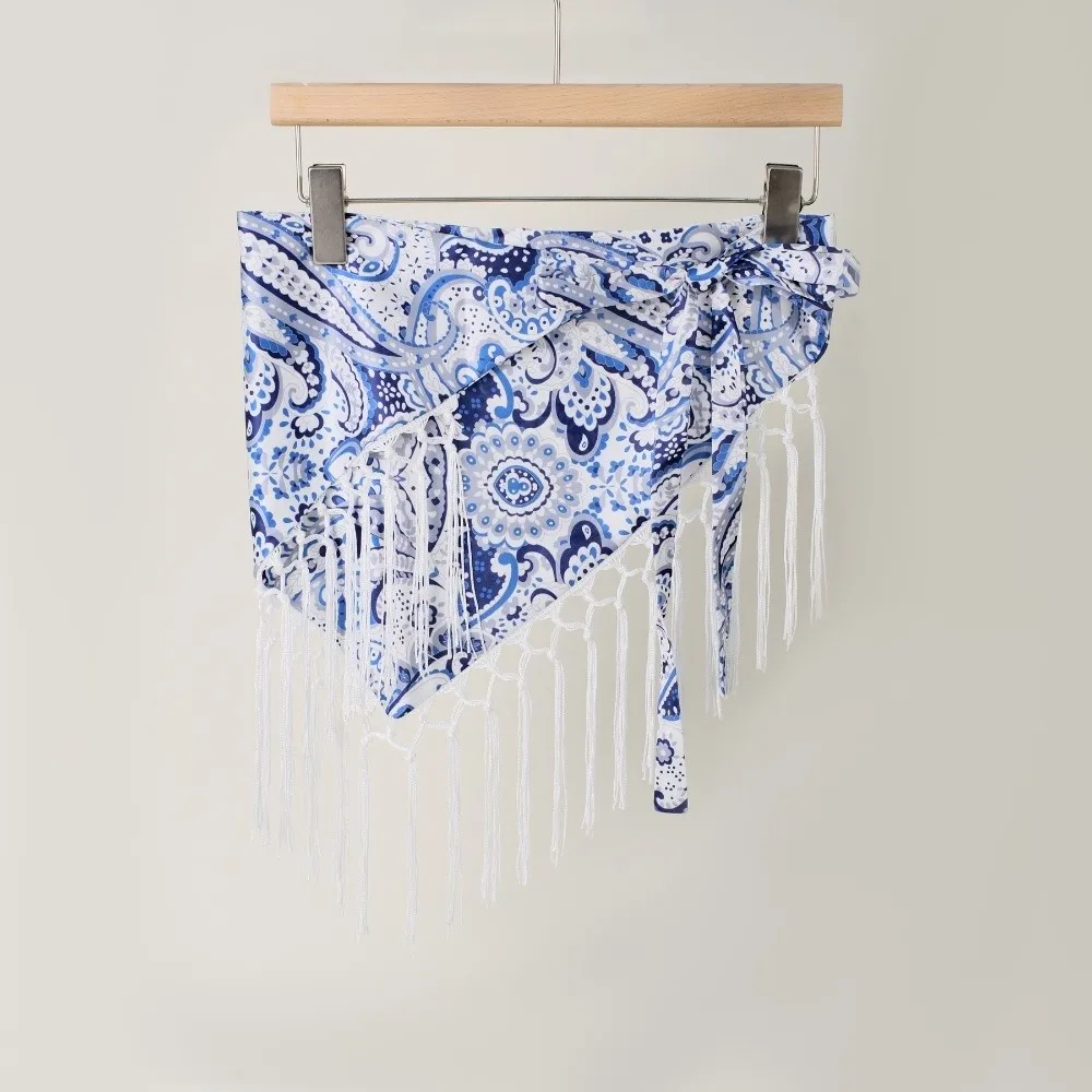 Bohemian Paisley Print Hip Scarf Self-tie Floral Bandana Style Waist Wrap Tassel Fringe Fringe Skirt Festival Outfit