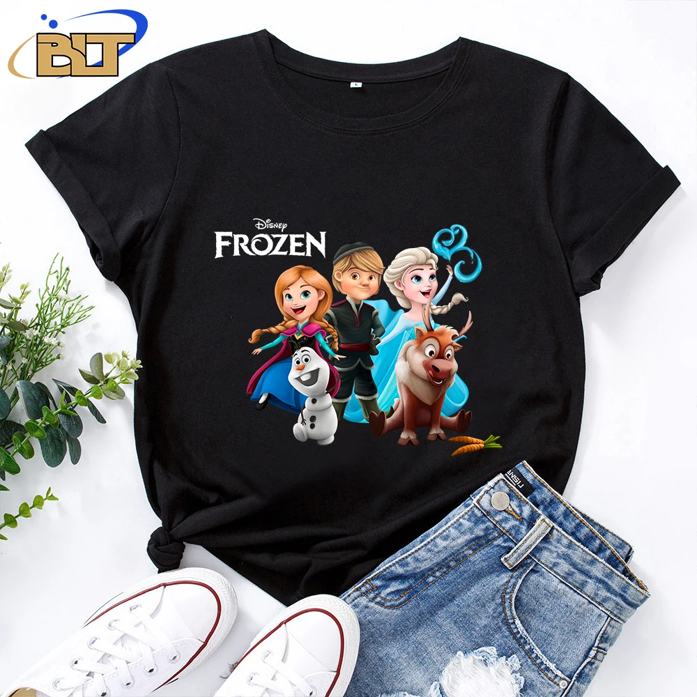 Frozen Print Women's T-shirt Casual Top Black Cotton Short Sleeve