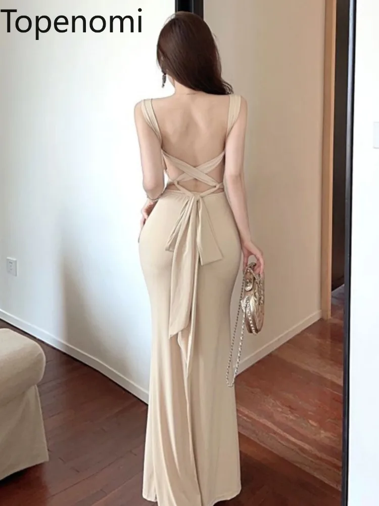 Topenomi French Sexy Backless Bandage Banquet Party Long Dress Women High Waist Slim Fit Temperament Sleeveless Evening Dresses