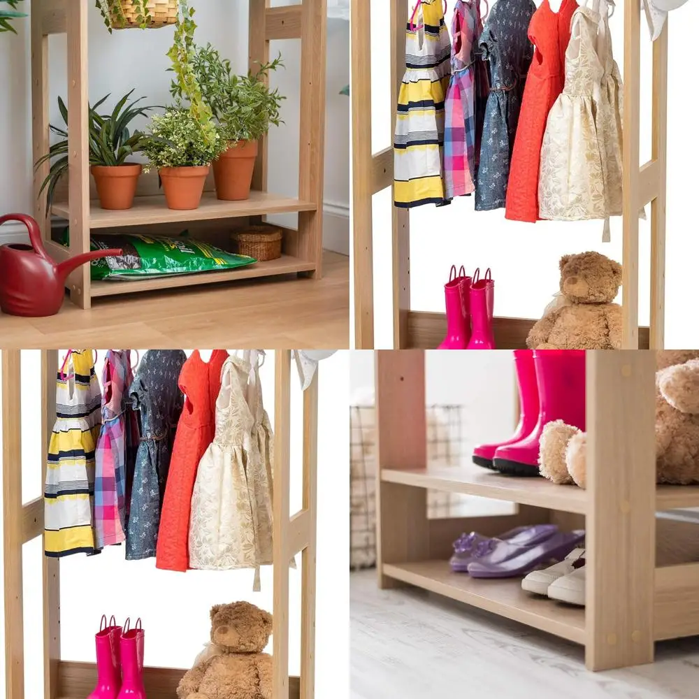 

Компактная светло-коричневая деревянная вешалка для одежды с полками и боковыми крючками для компактного хранения