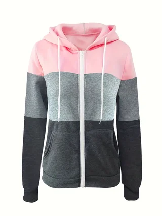 Three-Color Patchwork Zip-Up Hoodie Jacket for Women, Drawstring Long-Sleeve Casual Cardigan, Loose and Versatile Street Style Top for Spring and Autumn