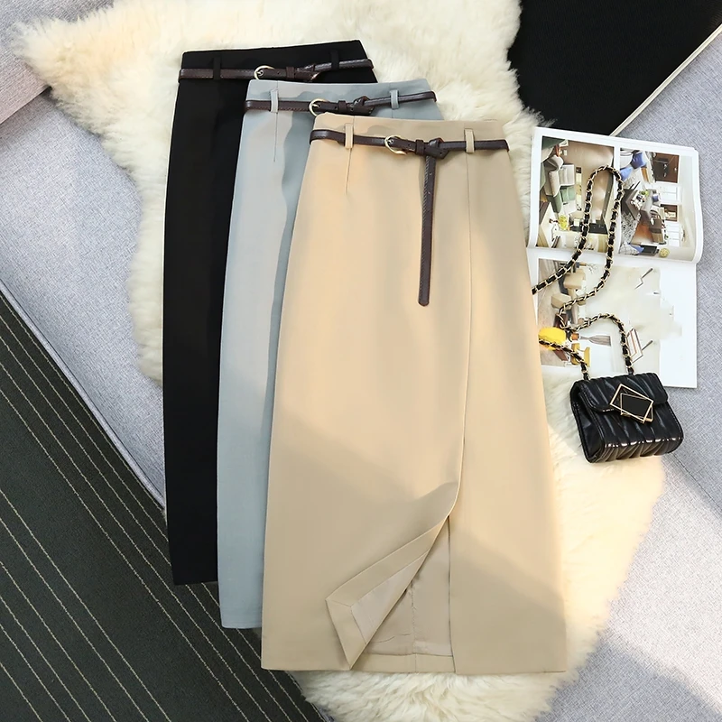 Solid Color Front Split Women's Skirts 2024 Spring Summer New High Waist Vintage Office A-line Mid Skirts Female