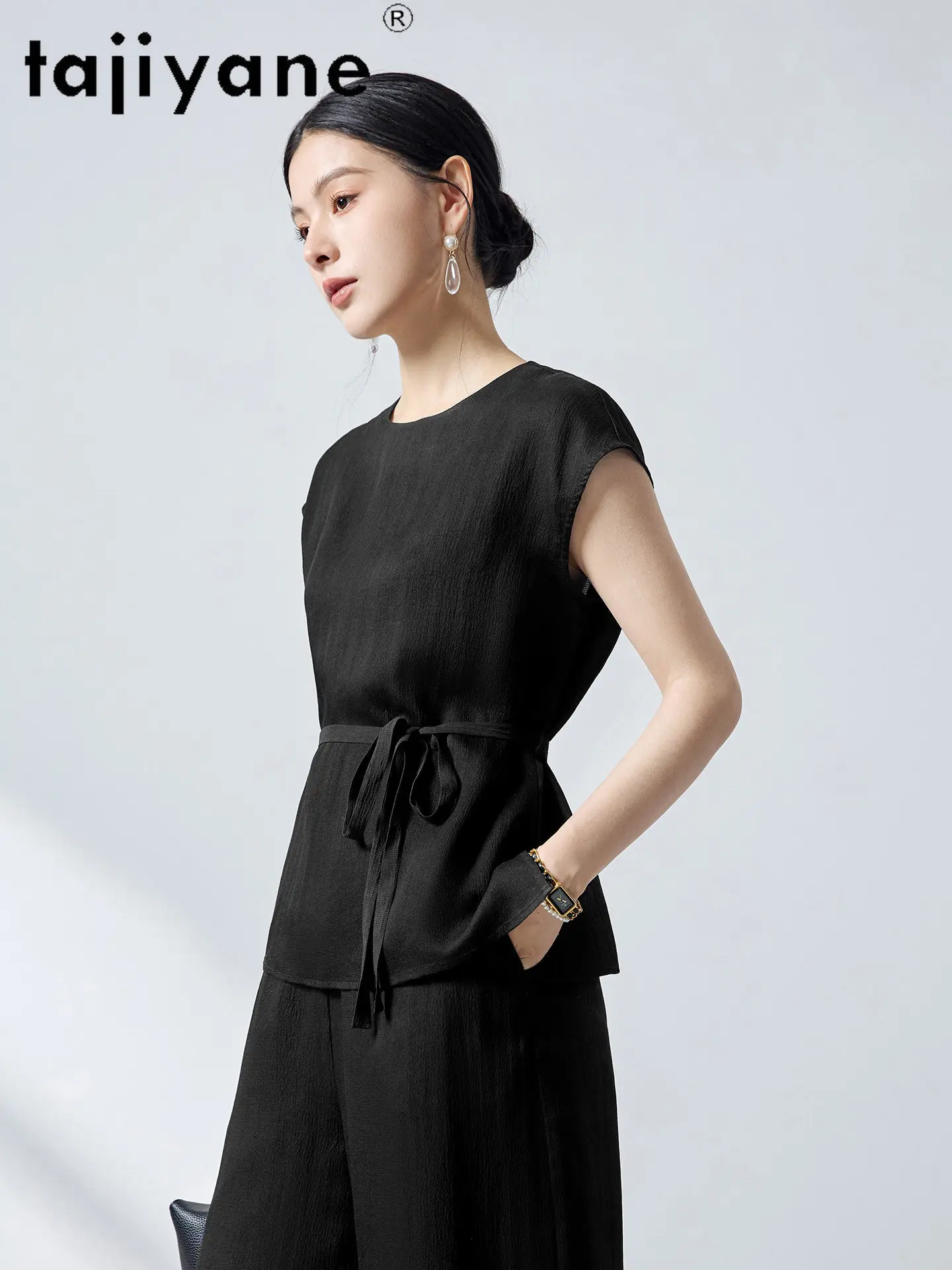 TAJIYANE 100% Mulberry Silk Women T Shirts Xiangyun Sha Black T Shirt Elegant O-Neck Belted Summer Tops 2026 Woman Clothing топ