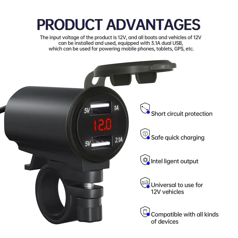 Enchufe de carga UDB para motocicleta, adaptador de corriente con medidor de voltaje, 3.1A, puerto Dual, teléfono móvil