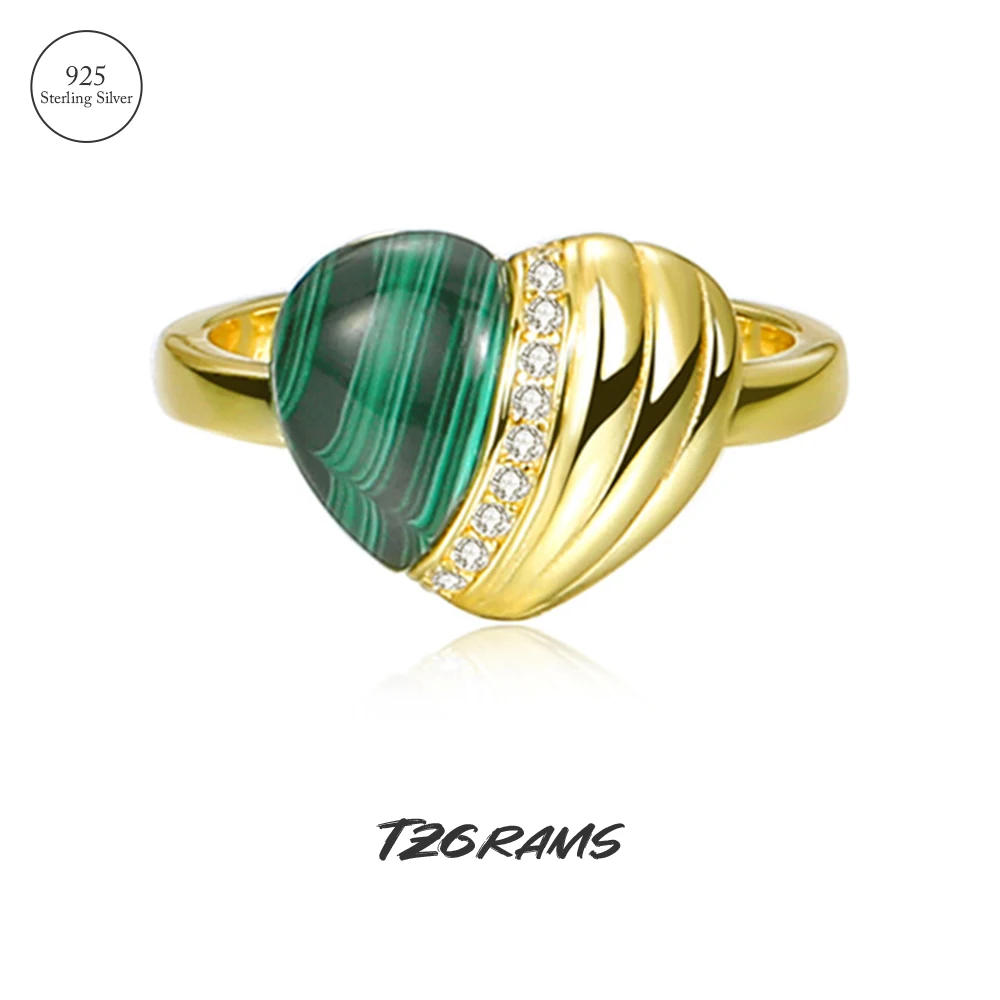 S925 Sterling Silver Women's Rings With Natural Malachite Elegant Heart Shape Opening Type Finger Ring Birthday Party Jewelry