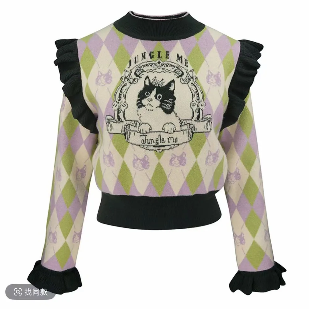 

2025 Spring Vintage Embroidery Cartoon Knitted Women Sweaters Pullovers Sweet Chic Ruffles Sweater Knitwear Tops Jumper Pullover