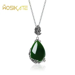 WOSIKATE Vintage Water Drop Red Garnet Green Chrysoprase Pendant Necklace For Women 925 Sterling Silver Jewelry Chain Necklace