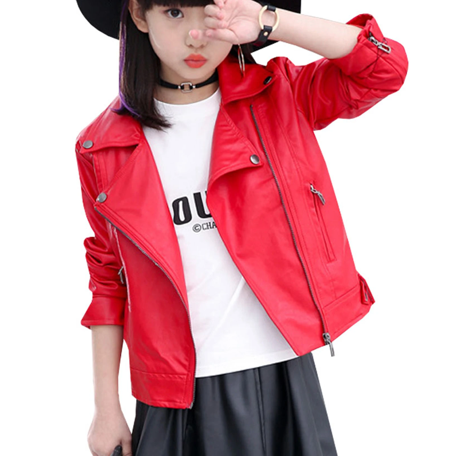 Fashion PU Leather Coat,Girls' Faux Leather Jacket,Boys Motorcycle Coat,Lapel Multi-Zipper Children's PU Outerwear for Autumn
