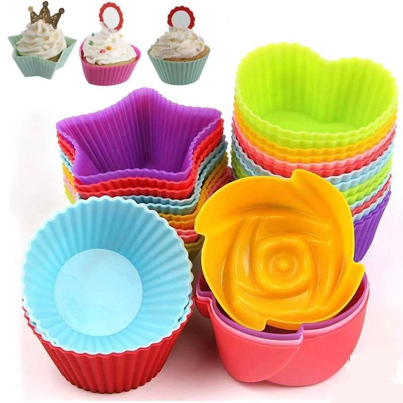 6/12 pçs forros de cupcake de silicone reutilizáveis copos de cozimento antiaderente fácil limpo moldes de muffin de pastelaria 4 formas redondas, estrelas, coração, flowe