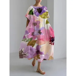Fashion Lady Short Sleeve Big Swing Loose Maxi Dress Retro Women Flower Printing Pocket Dress O Neck Party Dressess Elegant Robe